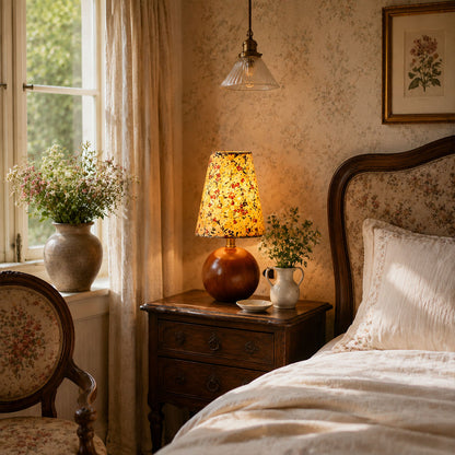 Fleur floral table lamp bedroom nightstand bedside warm glow floral fabric wood vintage cozy French country American home lifestyle interior styled