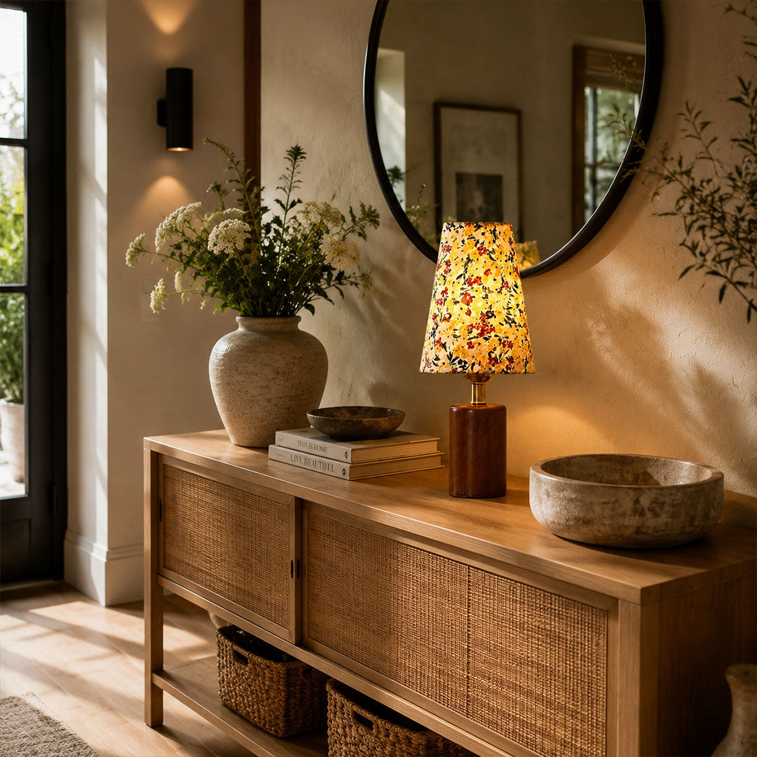 Fleur floral table lamp entryway console illuminated warm glow floral fabric wood American home lifestyle interior styled