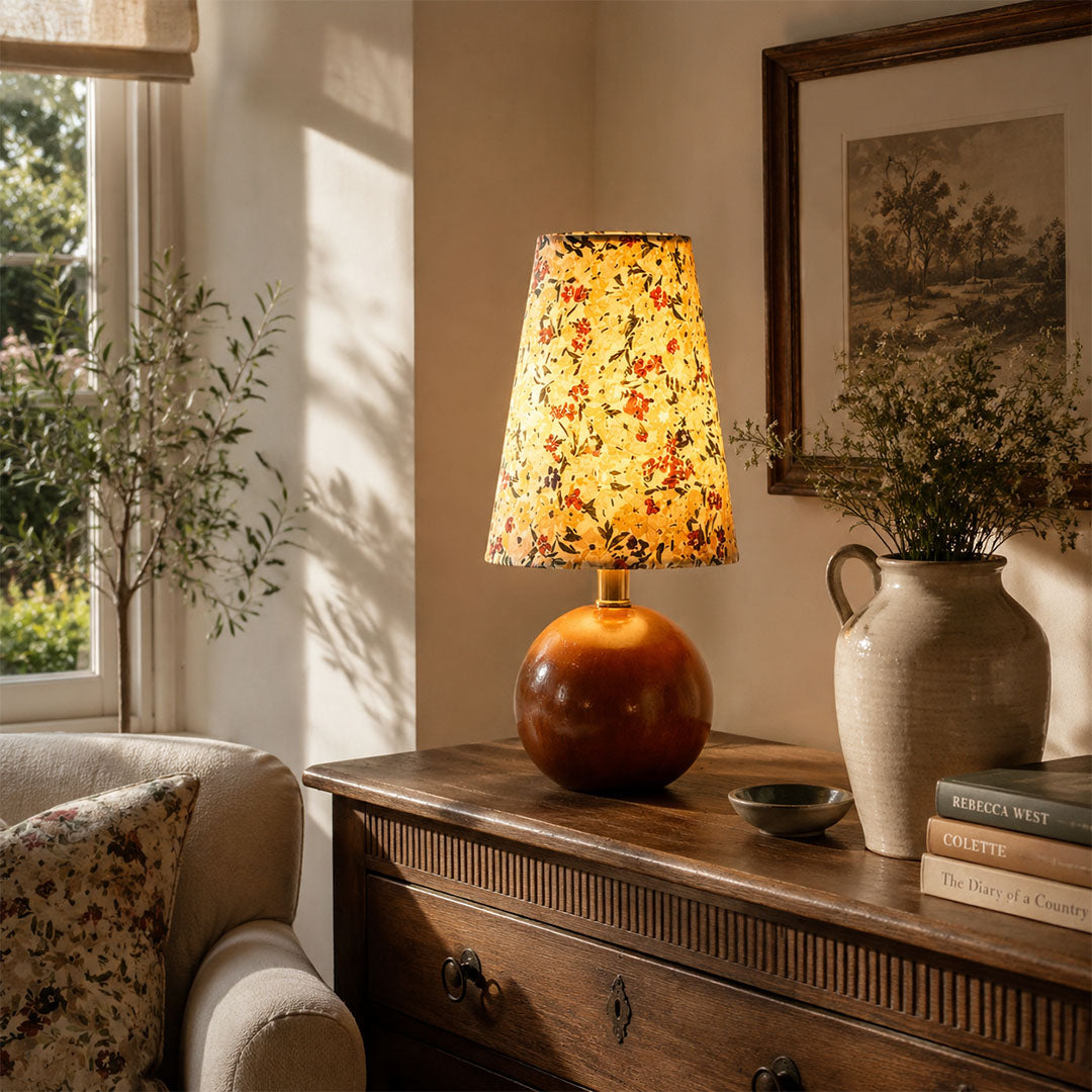 Fleur floral table lamp reading nook desk warm glow floral fabric wood cozy American home lifestyle interior styled