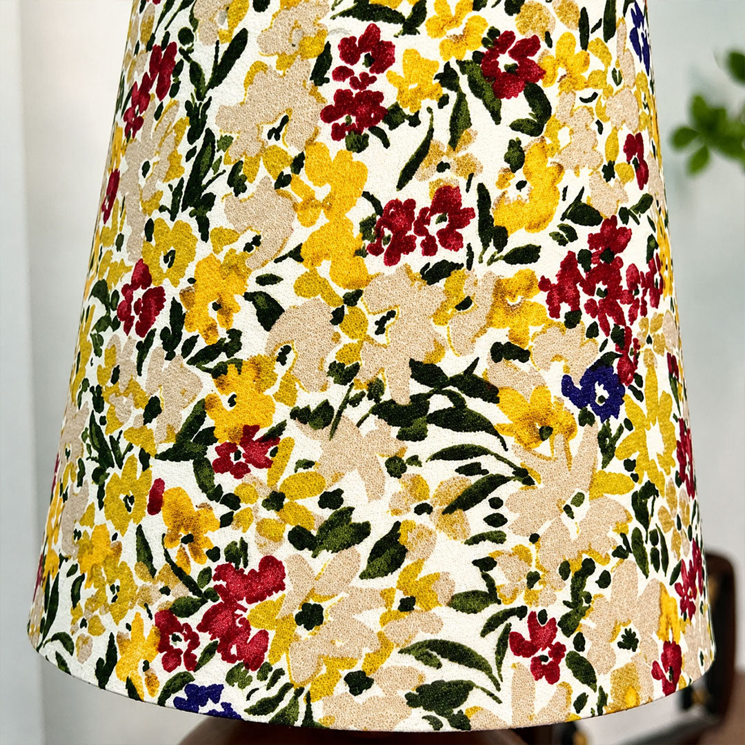 Fleur floral table lamp vintage floral pattern fabric shade printed detail close up handcrafted charm