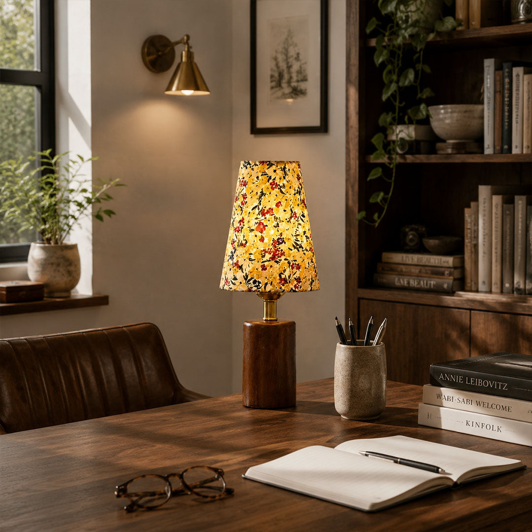 Fleur floral table lamp reading nook desk warm glow floral fabric wood cozy American home lifestyle interior styled