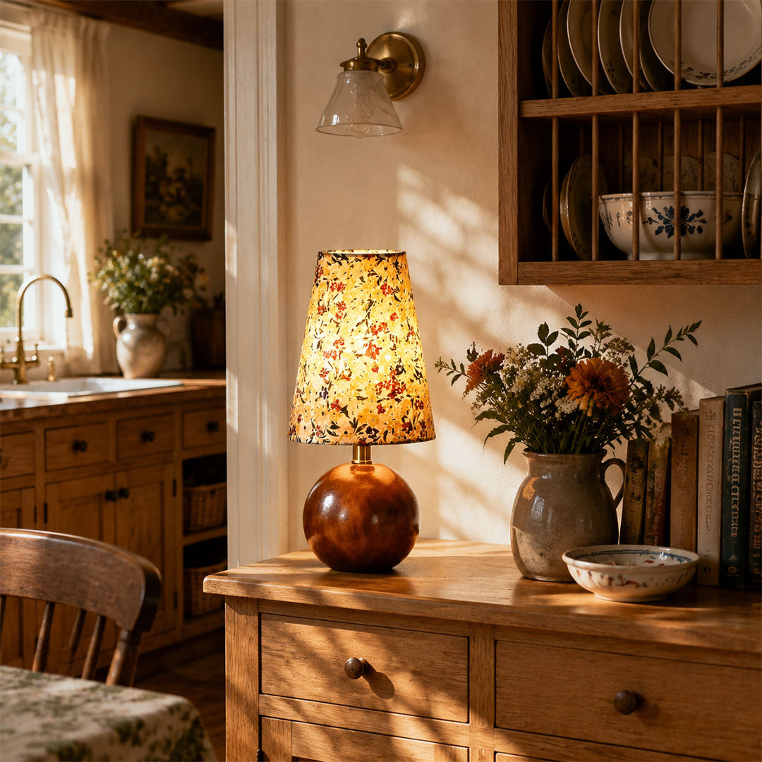 Fleur floral table lamp entryway console illuminated warm glow floral fabric wood American home lifestyle interior styled