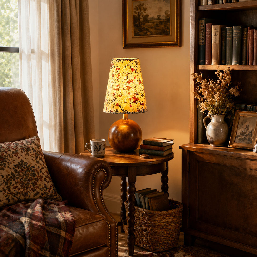 Fleur floral table lamp reading nook desk warm glow floral fabric wood cozy American home lifestyle interior styled