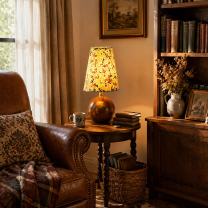 Fleur floral table lamp reading nook desk warm glow floral fabric wood cozy American home lifestyle interior styled