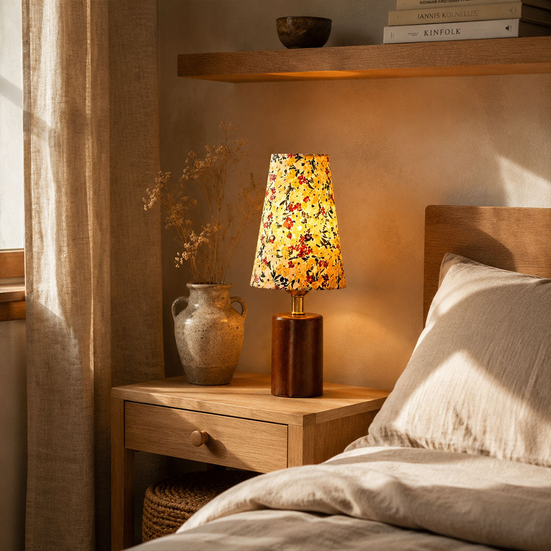 Fleur floral table lamp bedroom nightstand bedside warm glow floral fabric wood vintage cozy French country American home lifestyle interior styled