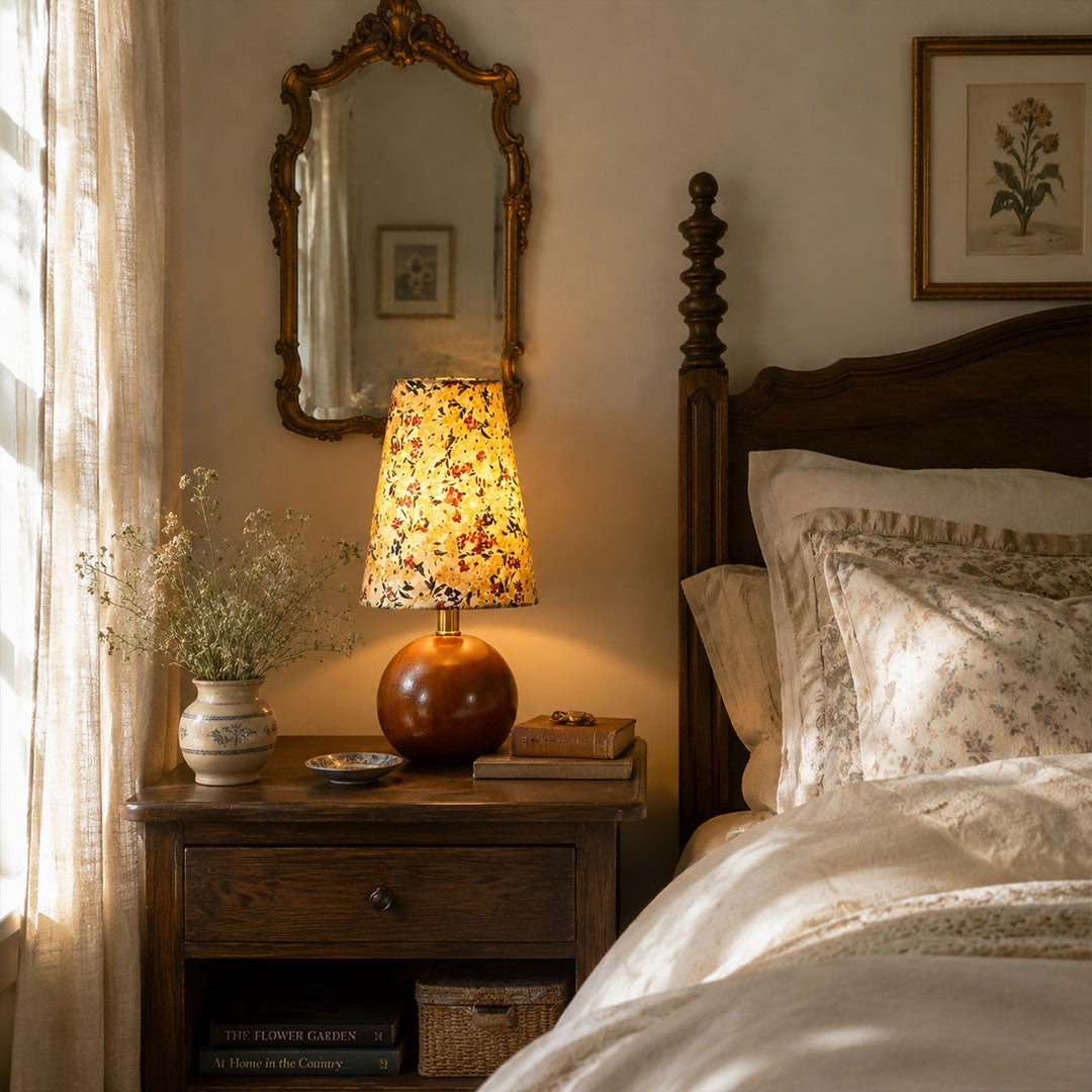 Fleur floral table lamp bedroom nightstand bedside warm glow floral fabric wood vintage cozy French country American home lifestyle interior styled