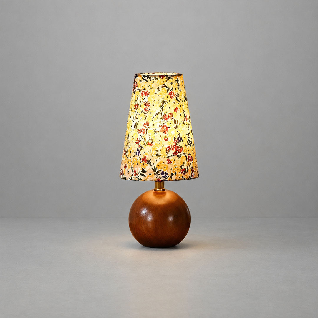 Fleur floral table lamp vintage floral fabric shade natural wood base French country white background front view