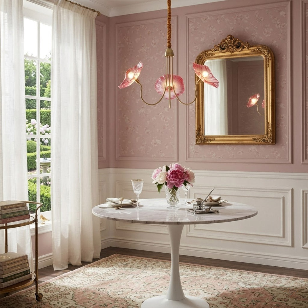 Fleur 6 light gold clear glass flower chandelier formal dining room above large dining table elegant statement piece