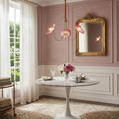 Fleur 6 light gold clear glass flower chandelier formal dining room above large dining table elegant statement piece