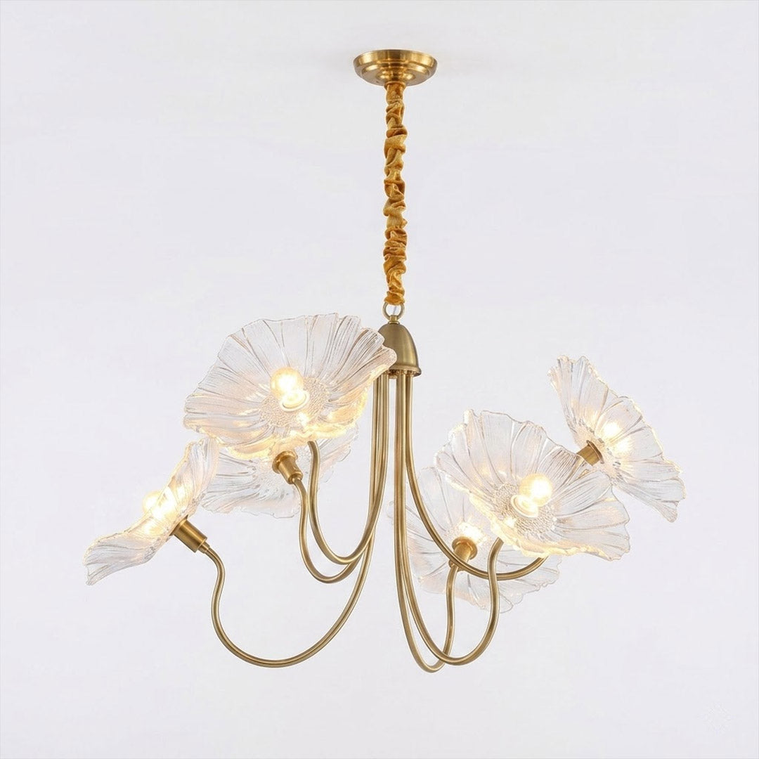 Fleur glass flower chandelier 6 light grand gold clear hand blown frosted petals brass frame statement white background