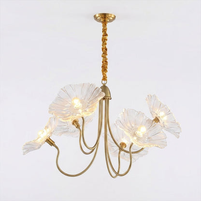 Fleur glass flower chandelier 6 light grand gold clear hand blown frosted petals brass frame statement white background