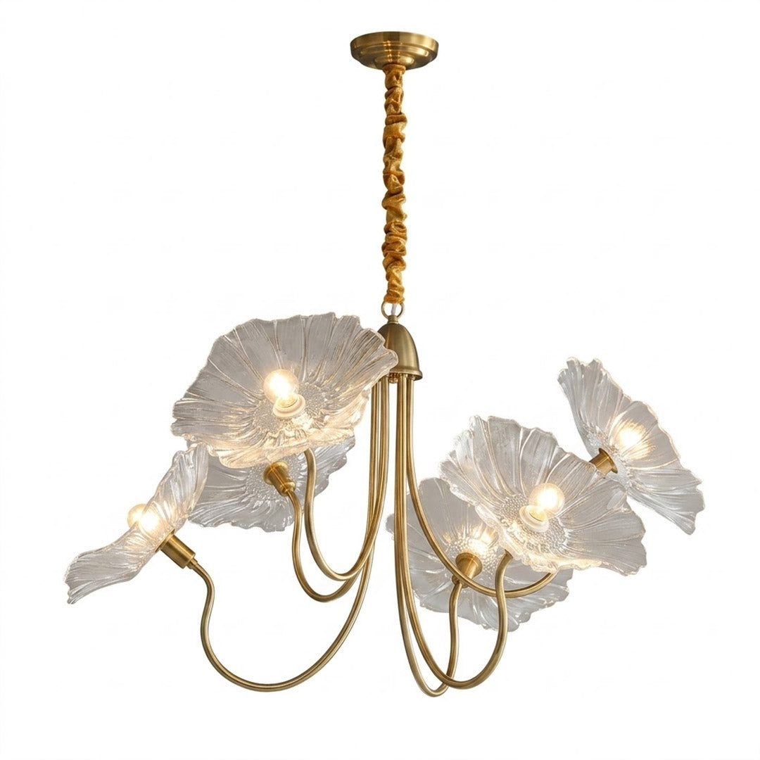 Fleur glass flower chandelier 3 light gold and clear hand blown frosted petals brass frame 35 inch white background