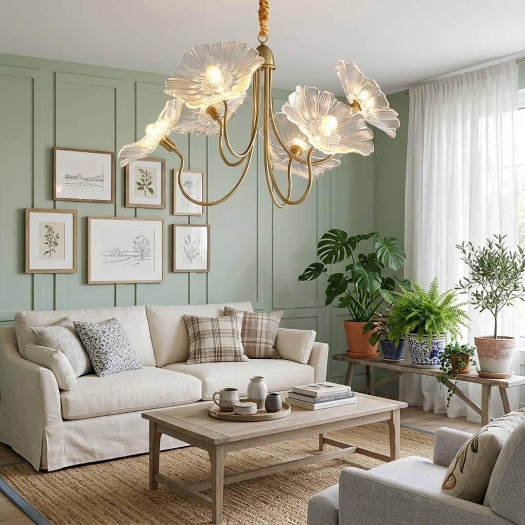 Fleur 6 light gold clear glass flower chandelier formal dining room above large dining table elegant statement piece