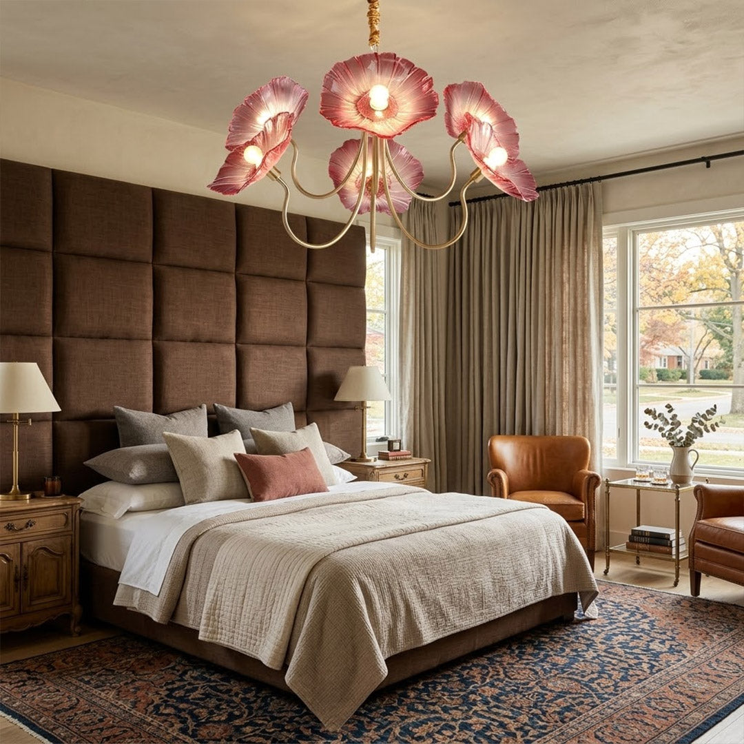 Fleur 3 light gold pink glass flower chandelier master bedroom romantic centered above bed feminine neutral palette interior