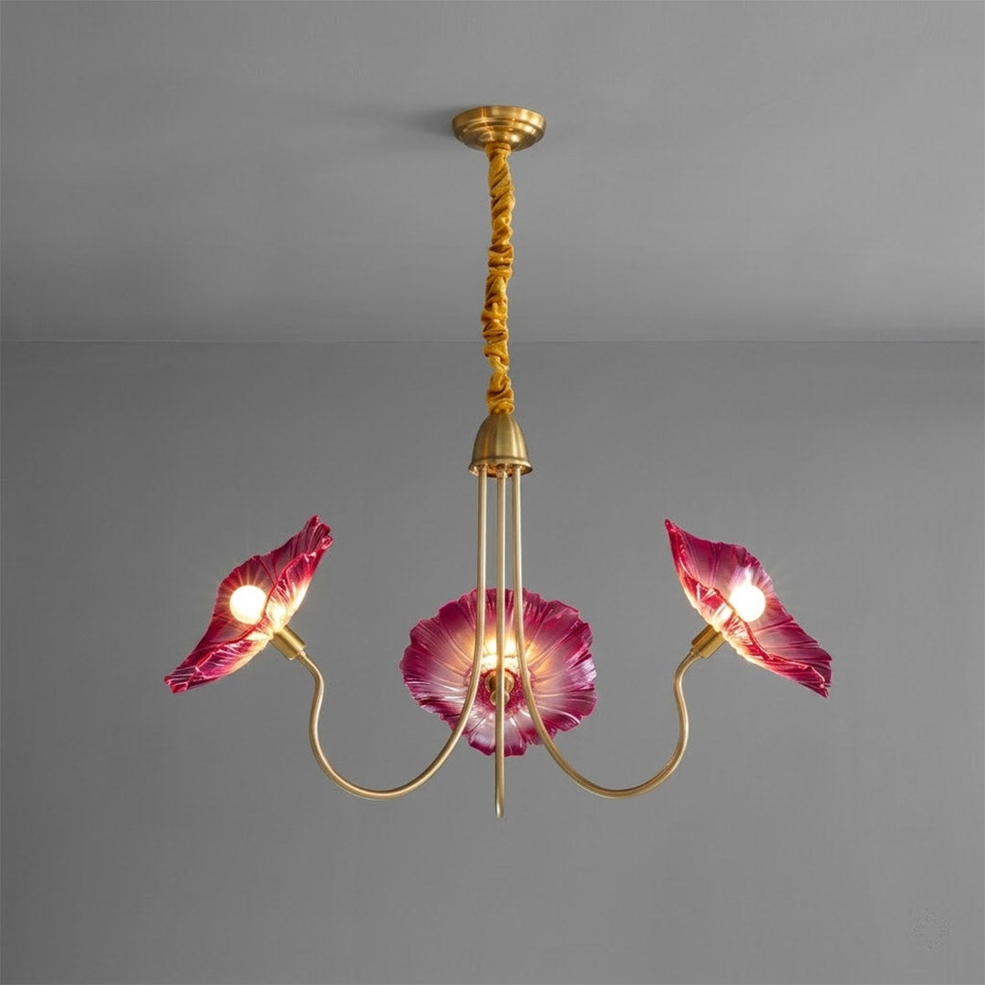 Fleur glass flower chandelier 3 light gold and pink hand blown blush rose petals brass frame romantic white background