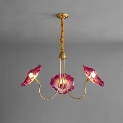 Fleur glass flower chandelier 3 light gold and pink hand blown blush rose petals brass frame romantic white background