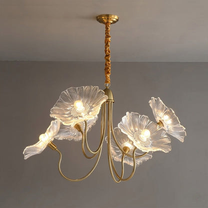 Fleur glass flower chandelier 6 light grand gold clear hand blown frosted petals brass frame statement white background