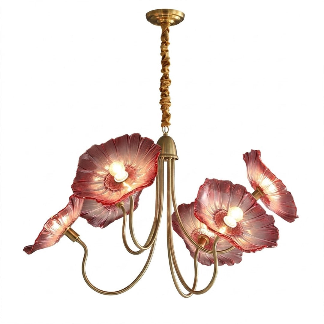 Fleur glass flower chandelier 6 light grand gold pink hand blown blush rose petals brass frame Boudoir luxury white background