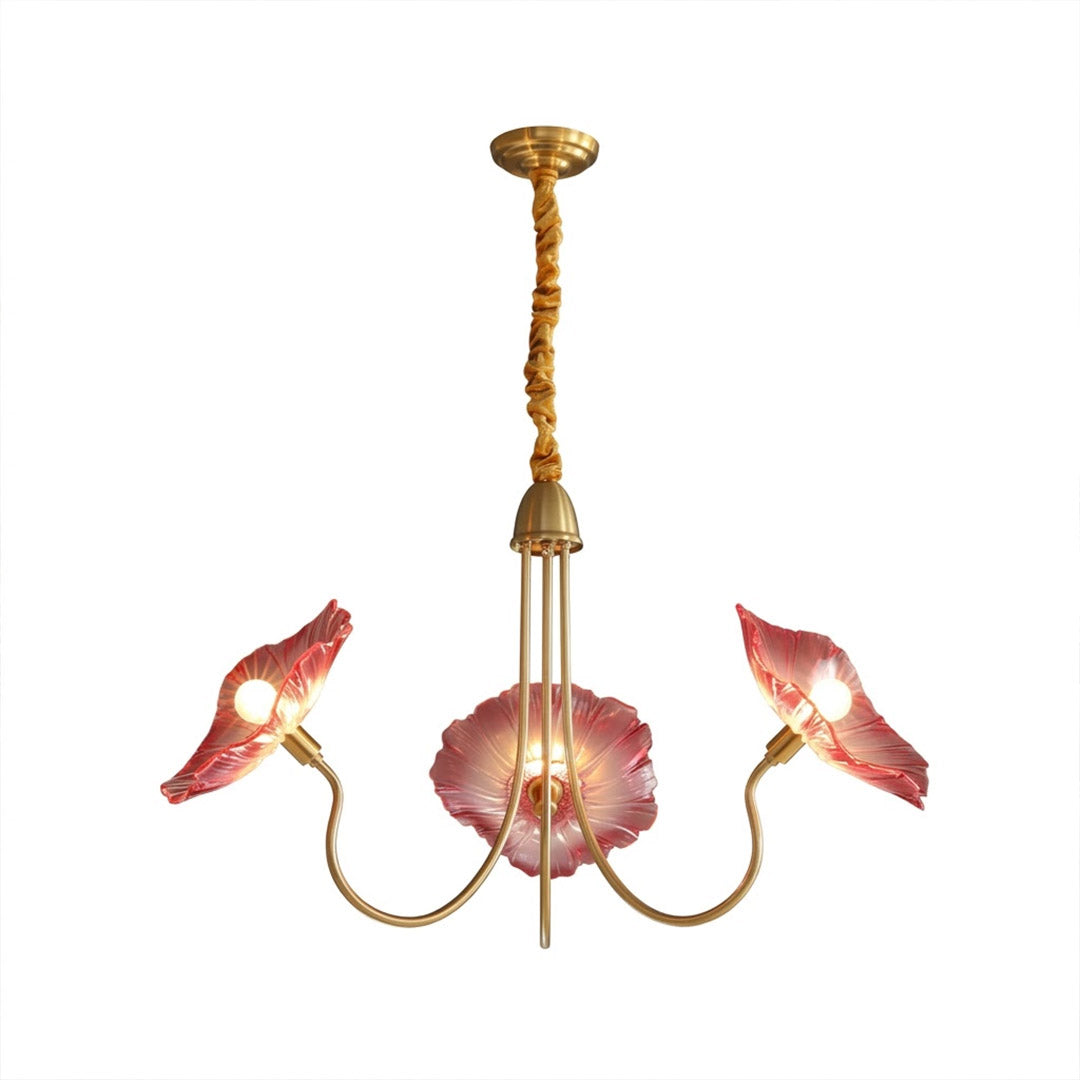 Fleur glass flower chandelier 3 light gold and pink hand blown blush rose petals brass frame romantic white background