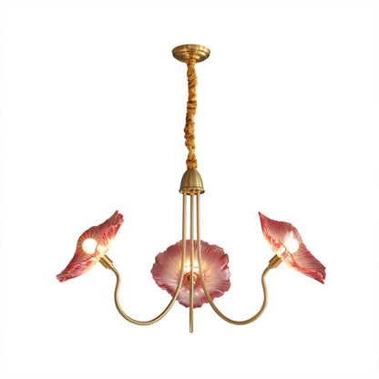 Fleur glass flower chandelier 3 light gold and pink hand blown blush rose petals brass frame romantic white background