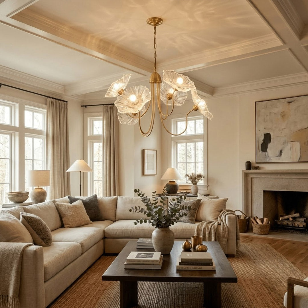 Fleur 6 light gold clear glass flower chandelier grand foyer entryway double height statement architectural luxury interior
