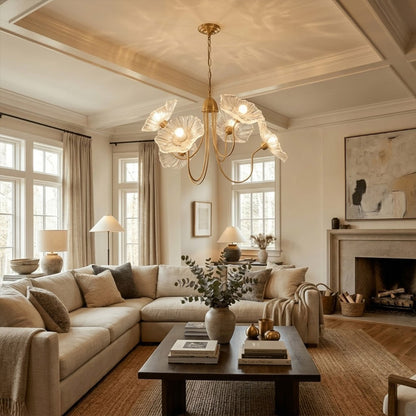 Fleur 6 light gold clear glass flower chandelier grand foyer entryway double height statement architectural luxury interior