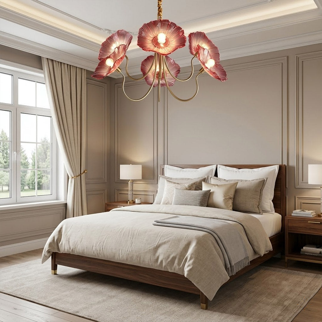 Fleur 6 light gold clear glass flower chandelier formal dining room above large dining table elegant statement piece