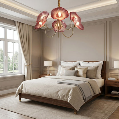 Fleur 6 light gold clear glass flower chandelier formal dining room above large dining table elegant statement piece