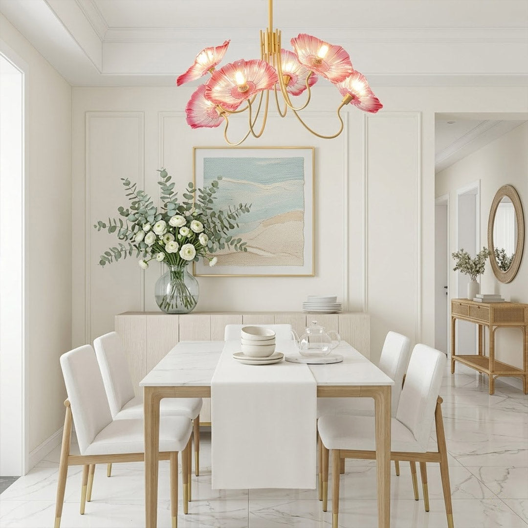Fleur 3 light gold pink glass flower chandelier master bedroom romantic centered above bed feminine neutral palette interior
