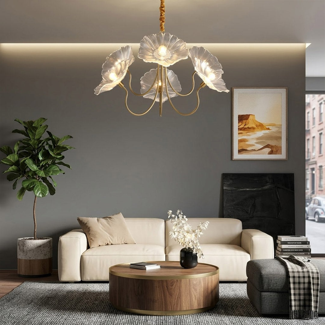 Fleur glass flower chandelier illuminated evening warm 2700K glow through frosted petals romantic light effect dining bedroom