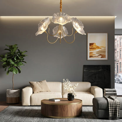 Fleur glass flower chandelier illuminated evening warm 2700K glow through frosted petals romantic light effect dining bedroom