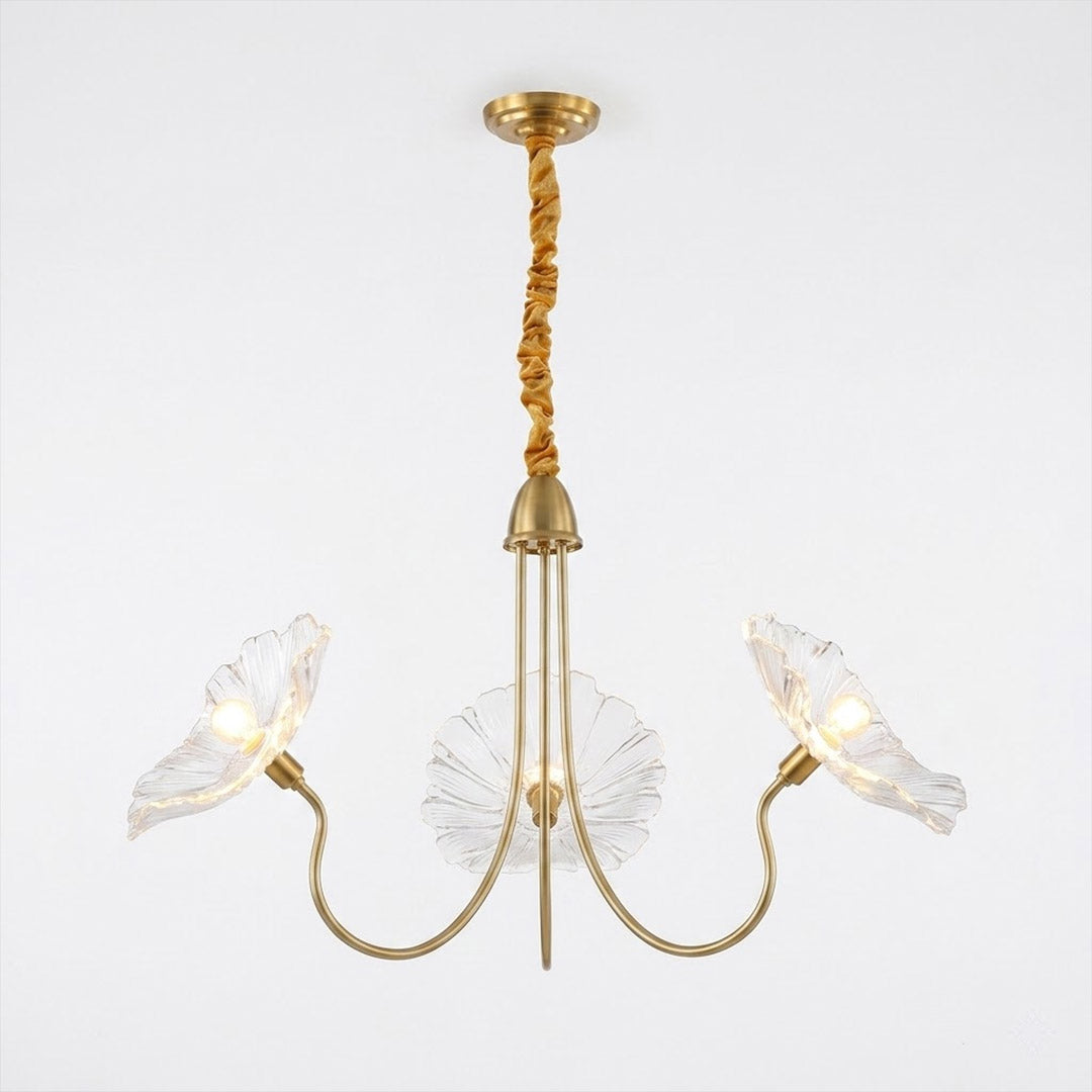 Fleur glass flower chandelier 3 light gold and clear hand blown frosted petals brass frame 35 inch white background