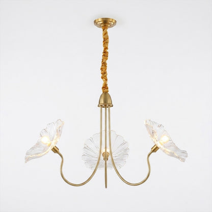 Fleur glass flower chandelier 3 light gold and clear hand blown frosted petals brass frame 35 inch white background