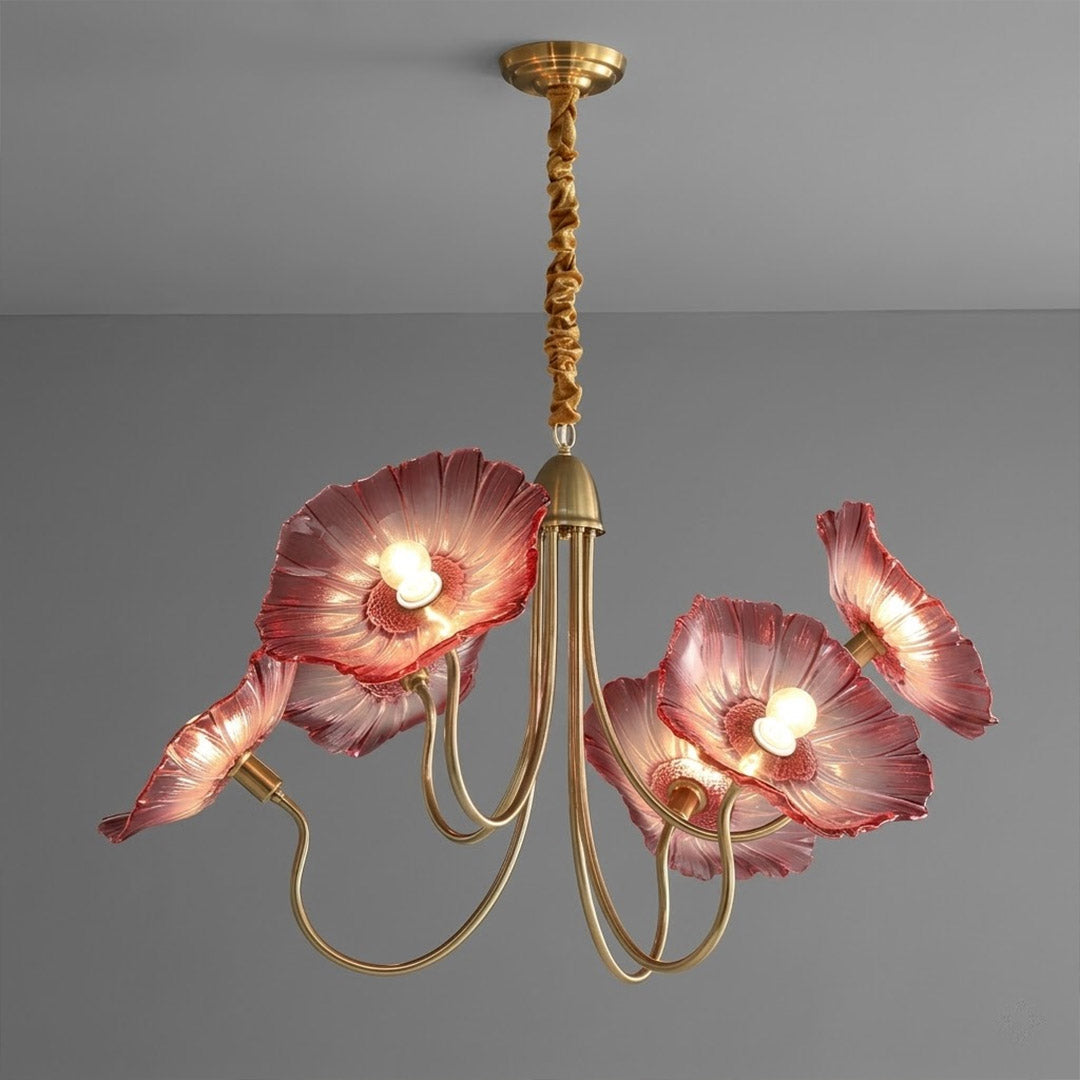 Fleur 3 light gold pink glass flower chandelier master bedroom romantic centered above bed feminine neutral palette interior