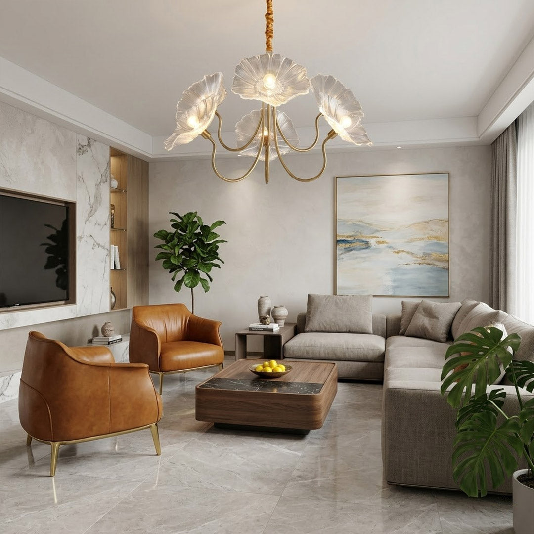 Fleur 6 light gold clear glass flower chandelier formal dining room above large dining table elegant statement piece