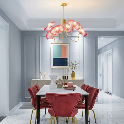 Fleur 6 light gold clear glass flower chandelier formal dining room above large dining table elegant statement piece