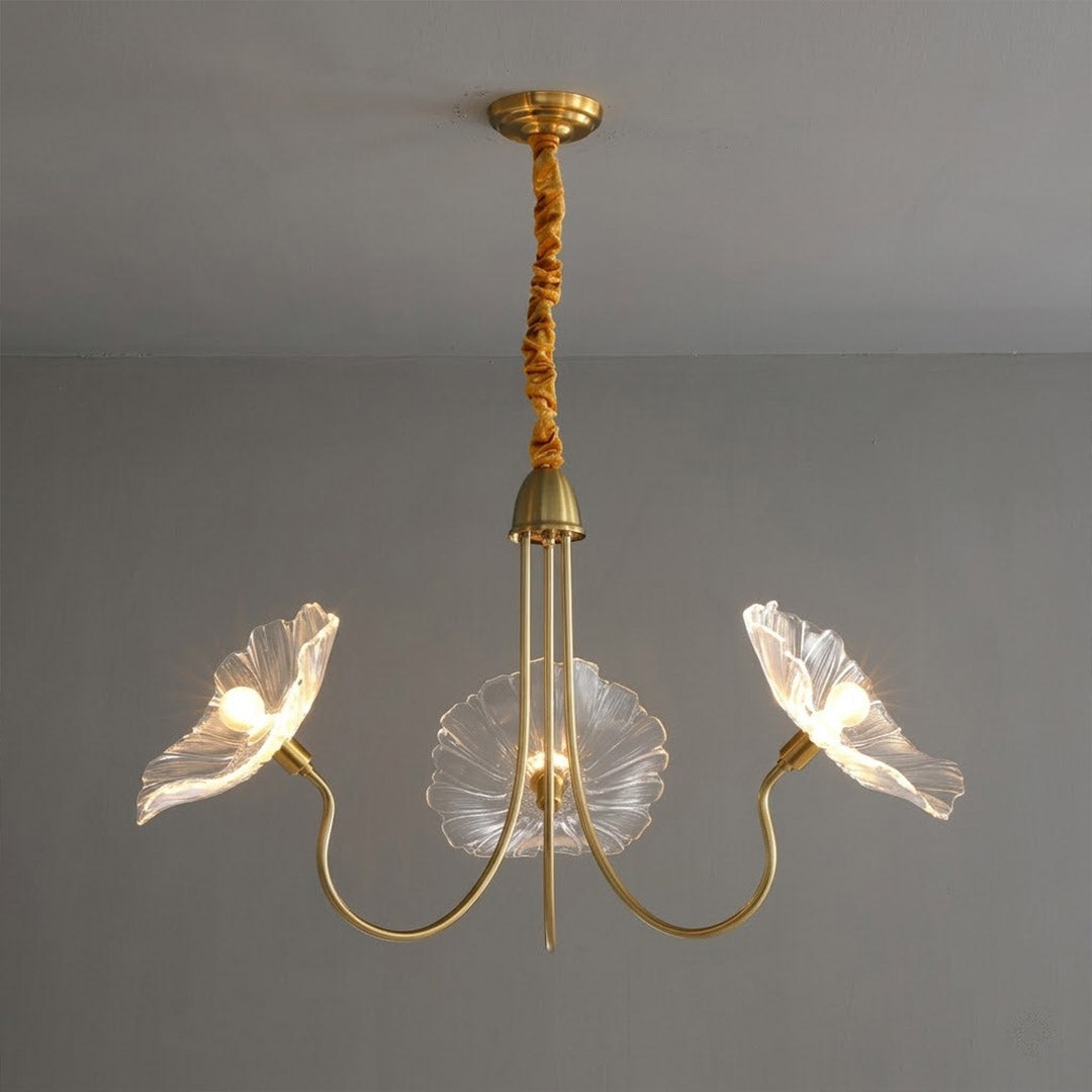 Fleur glass flower chandelier 3 light gold and clear hand blown frosted petals brass frame 35 inch white background