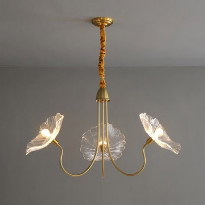 Fleur glass flower chandelier 3 light gold and clear hand blown frosted petals brass frame 35 inch white background