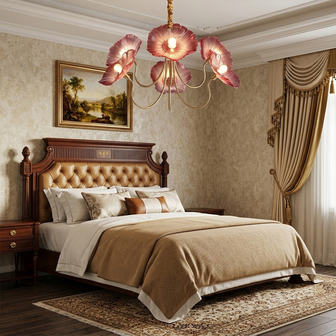 Fleur 6 light gold clear glass flower chandelier formal dining room above large dining table elegant statement piece