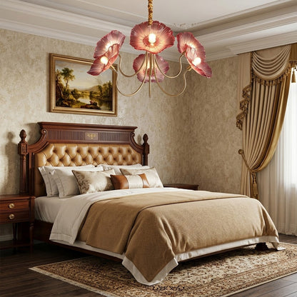 Fleur 6 light gold clear glass flower chandelier formal dining room above large dining table elegant statement piece