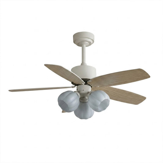 Florette 3 light bedroom ceiling fan flower glass shades wood blades white background