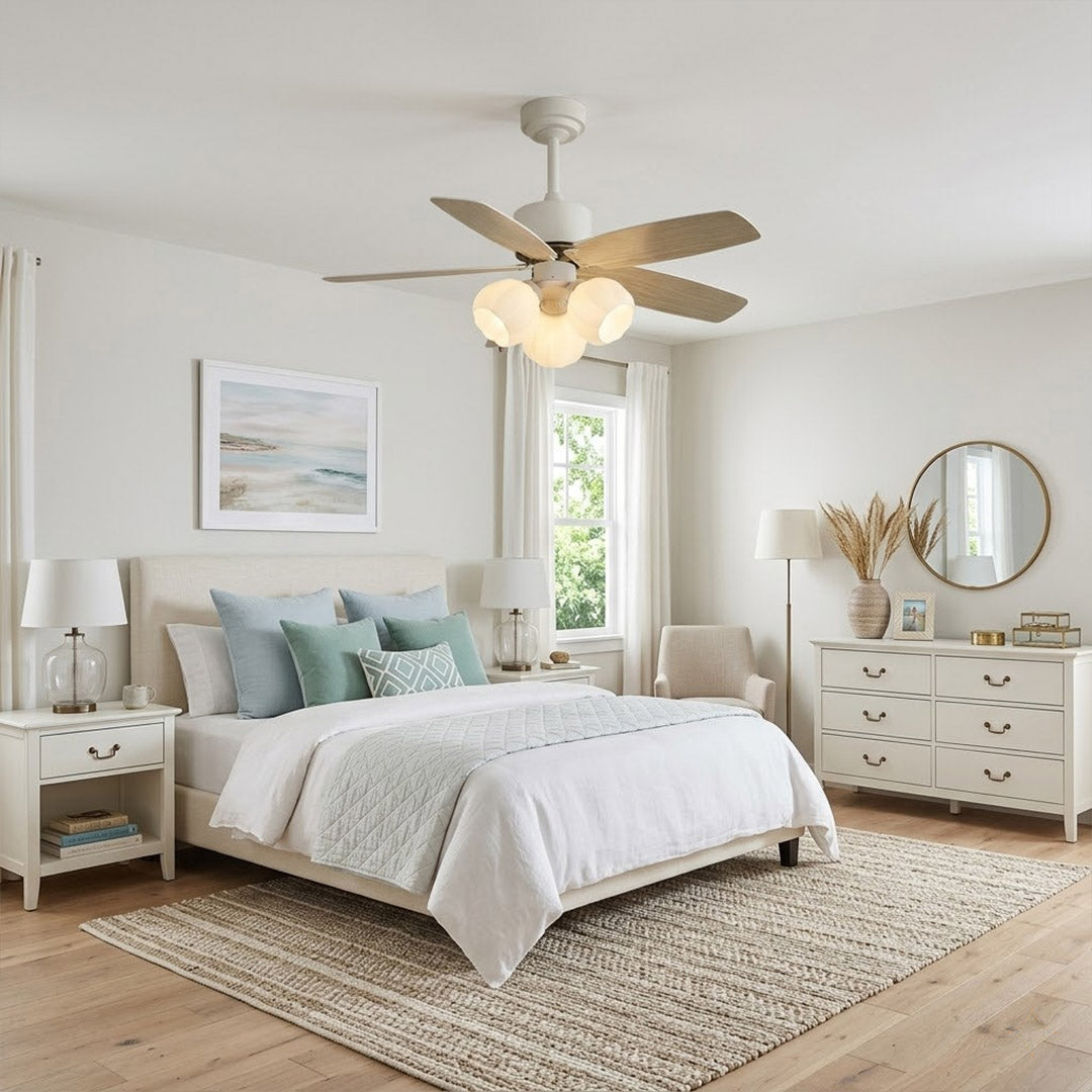 Florette 3 light ceiling fan in master bedroom above bed quiet warm glow restful interior