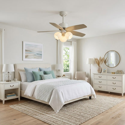 Florette 3 light ceiling fan in master bedroom above bed quiet warm glow restful interior