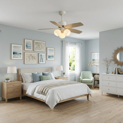 Florette 3 light ceiling fan in master bedroom above bed quiet warm glow restful interior