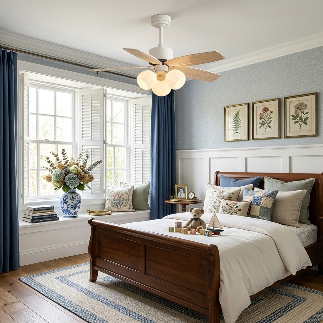 Florette 3 light ceiling fan in master bedroom above bed quiet warm glow restful interior