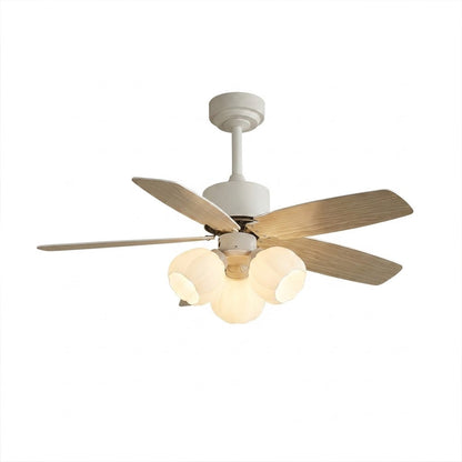 Florette 3 light bedroom ceiling fan flower glass shades wood blades white background