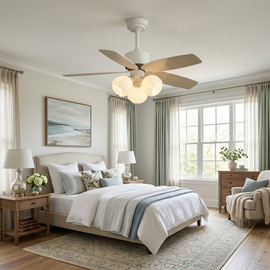 Florette 3 light ceiling fan in master bedroom above bed quiet warm glow restful interior