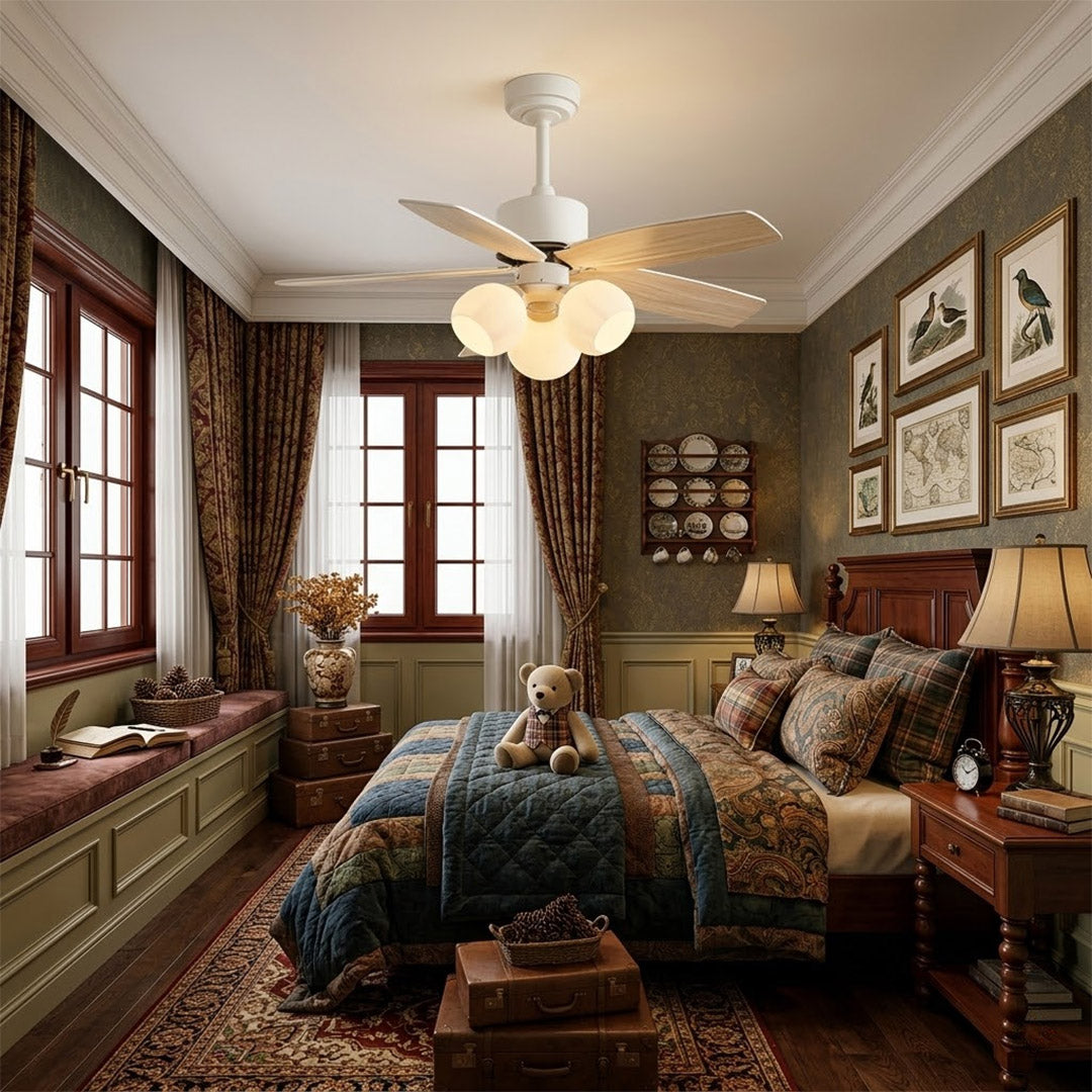 Florette 3 light ceiling fan in master bedroom above bed quiet warm glow restful interior