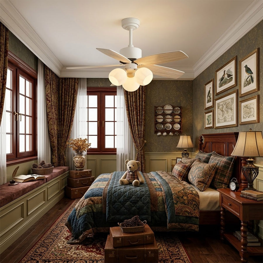 Florette 3 light ceiling fan in master bedroom above bed quiet warm glow restful interior