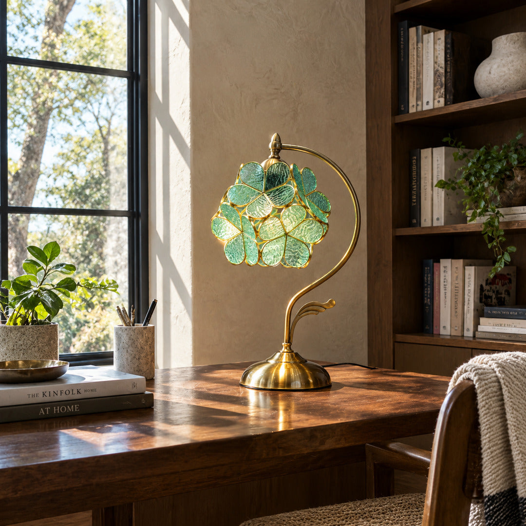 Foglia glass table lamp adding a nature-inspired accent to a home office desk